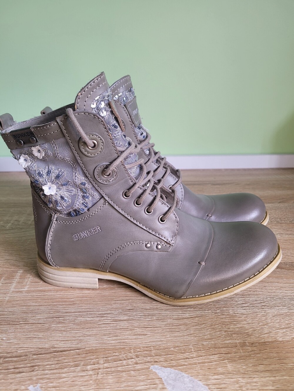 Bunker Lace Up Boots Grey With Blue Floral  Embroidery And Beading 40